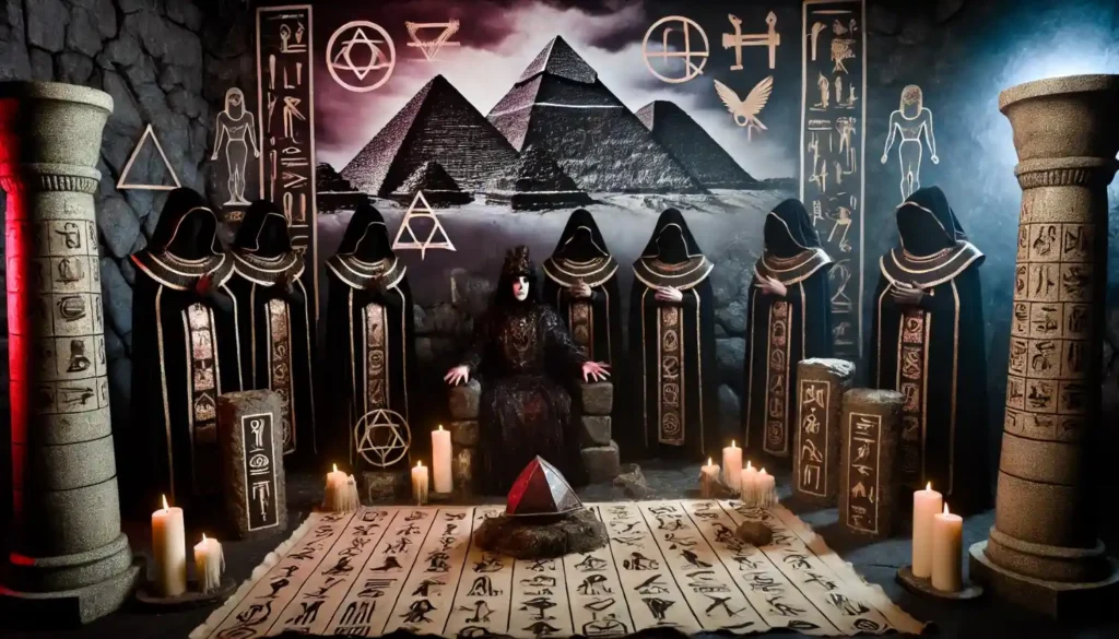 A historical scene showing ancient civilizations, such as Egypt and Mesopotamia, with practitioners performing rituals to connect with spiritual forces, symbolizing the historical roots of black magic