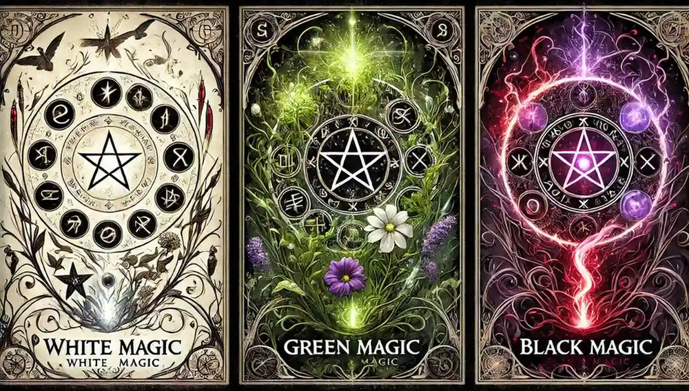 An image showing the three branches of magic—white, green, and black—represented by distinct symbols like a glowing healing hand for white magic, nature elements for green magic, and dark swirling energy for black magic