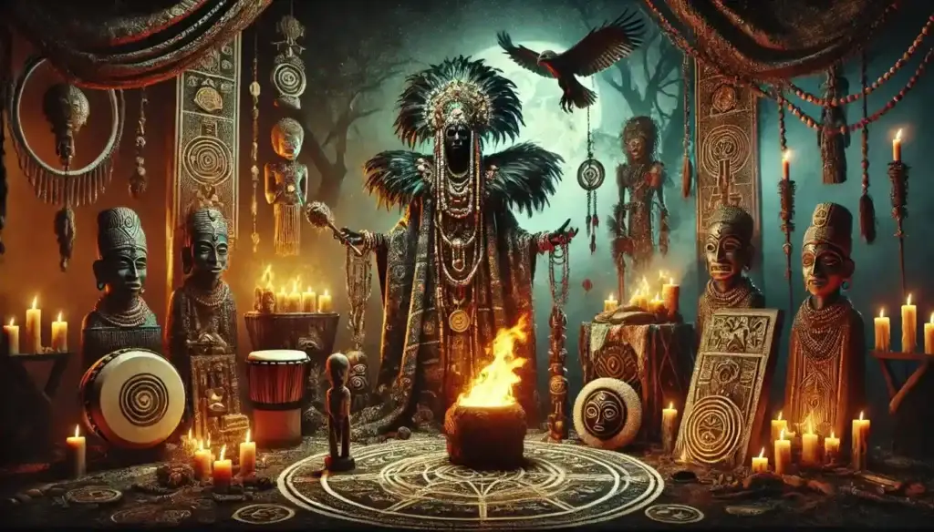 A traditional African village with a spiritual healer or shaman performing a black magic ritual, surrounded by ancient symbols and cultural artifacts, representing the deep-rooted beliefs in black magic