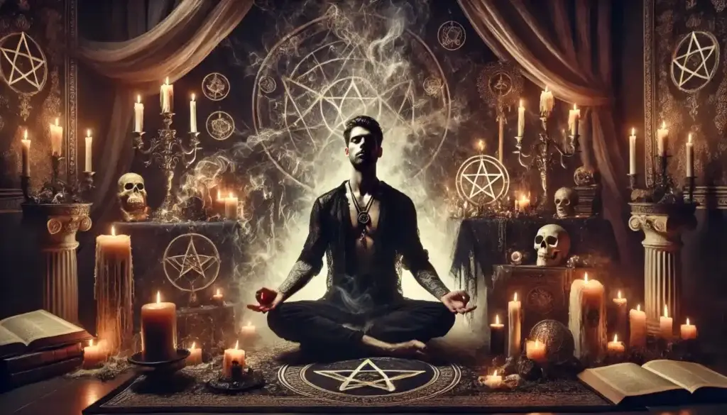 A serene spiritual scene with a person meditating in front of an altar, blending dark and light energy to symbolize the spiritual perspective of black magic as a tool that can be used for good or ill