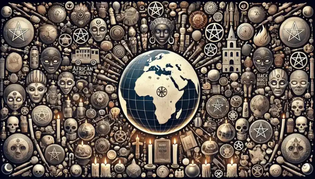 A collage of different cultural depictions of black magic from Western, African, and Caribbean traditions, showing voodoo practices, mystical symbols, and ritual items, representing the varied cultural views on black magic