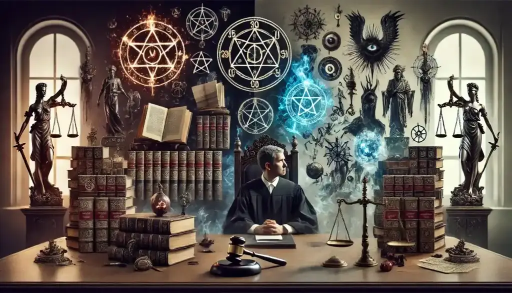 Gothic A courtroom scene with a judge, legal documents, and symbols of black magic on one side and traditional legal scales on the other, representing the legal challenges and consequences of practicing black magic in different countries.

