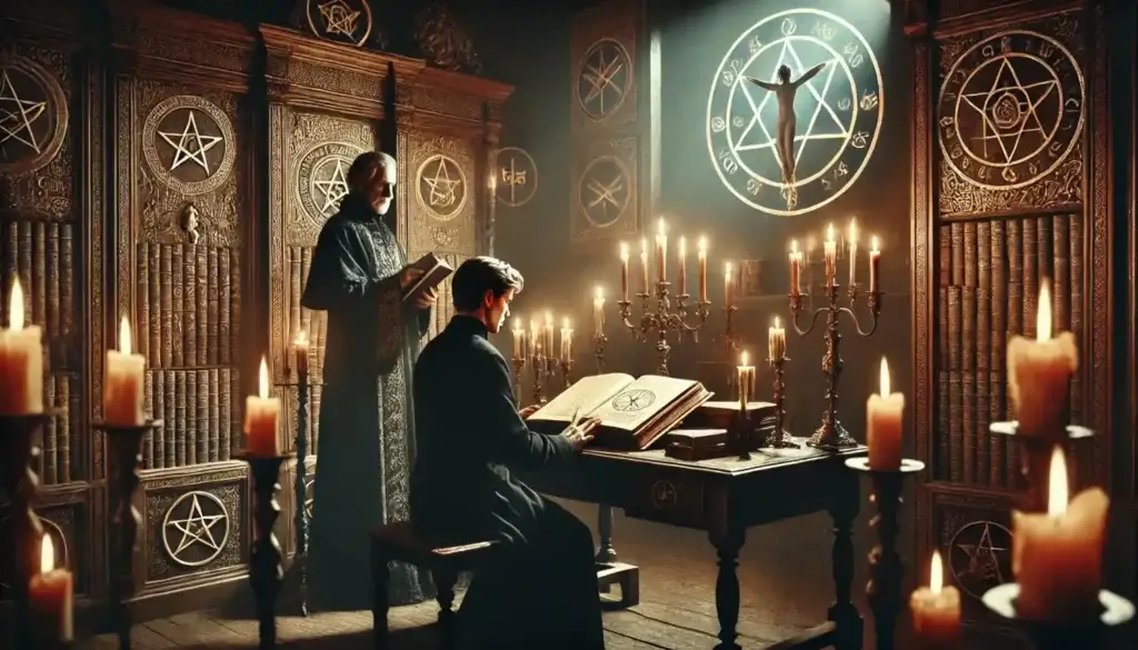 A figure carefully studying books on magic, surrounded by protective symbols and candles. A guide or mentor stands beside them, offering advice on how to safely explore black magic. The scene is calm, with an emphasis on responsibility