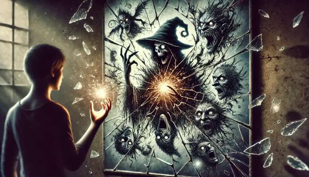 A shattered mirror reflecting distorted images of black magic myths—evil witches, dark spirits, and fearful figures. On the other side, a calm, balanced person dispels these images, symbolizing the debunking of black magic myths.