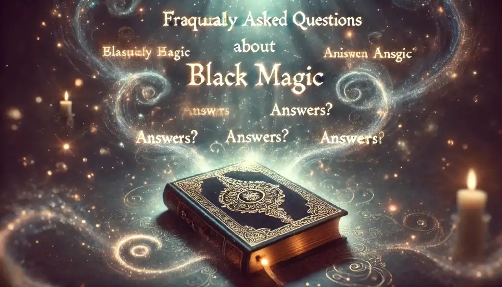 An open book with frequently asked questions about black magic floating in the air, illuminated by a mystical glow. Each question hovers above the book, with answers being written in the light.