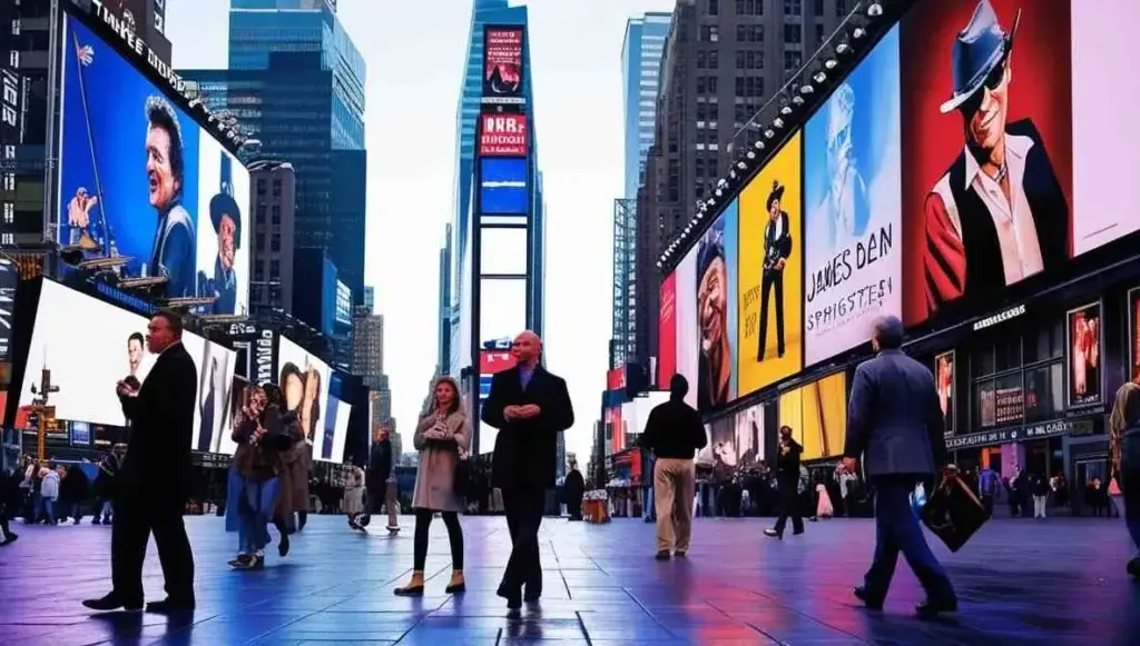 A bustling Times Square with billboards of James Dean and Bruce Springsteen,