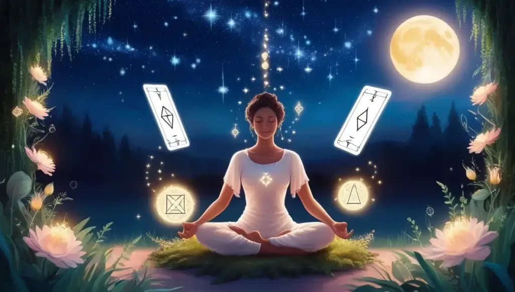 A person meditating under a starry night sky, surrounded by glowing natural elements and ethereal symbols, representing the connection to the universe and the magic of spellcasting.